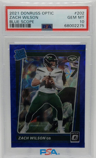 Zach Wilson Jets 2021 Donruss Optic Blue Scope Prizm Rookie Card #202 PSA 10