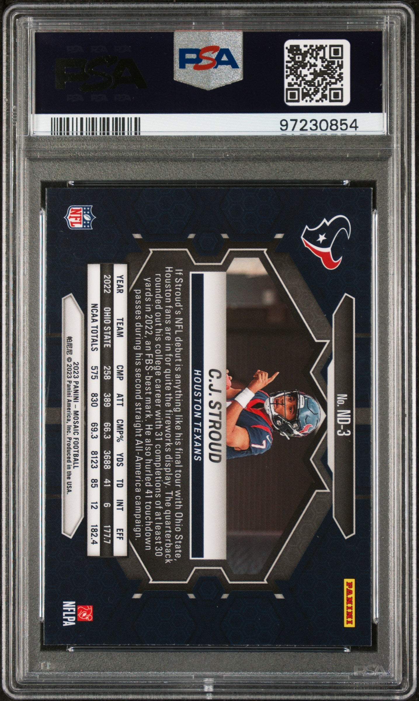 CJ Stroud Texans 2023 Panini Mosaic NFL Debut Rookie Card ND-3 PSA 10 Sportsignatures CJ Stroud Texans 2023 Panini Mosaic NFL Debut Rookie Card ND-3 PSA 10 Sportsignatures