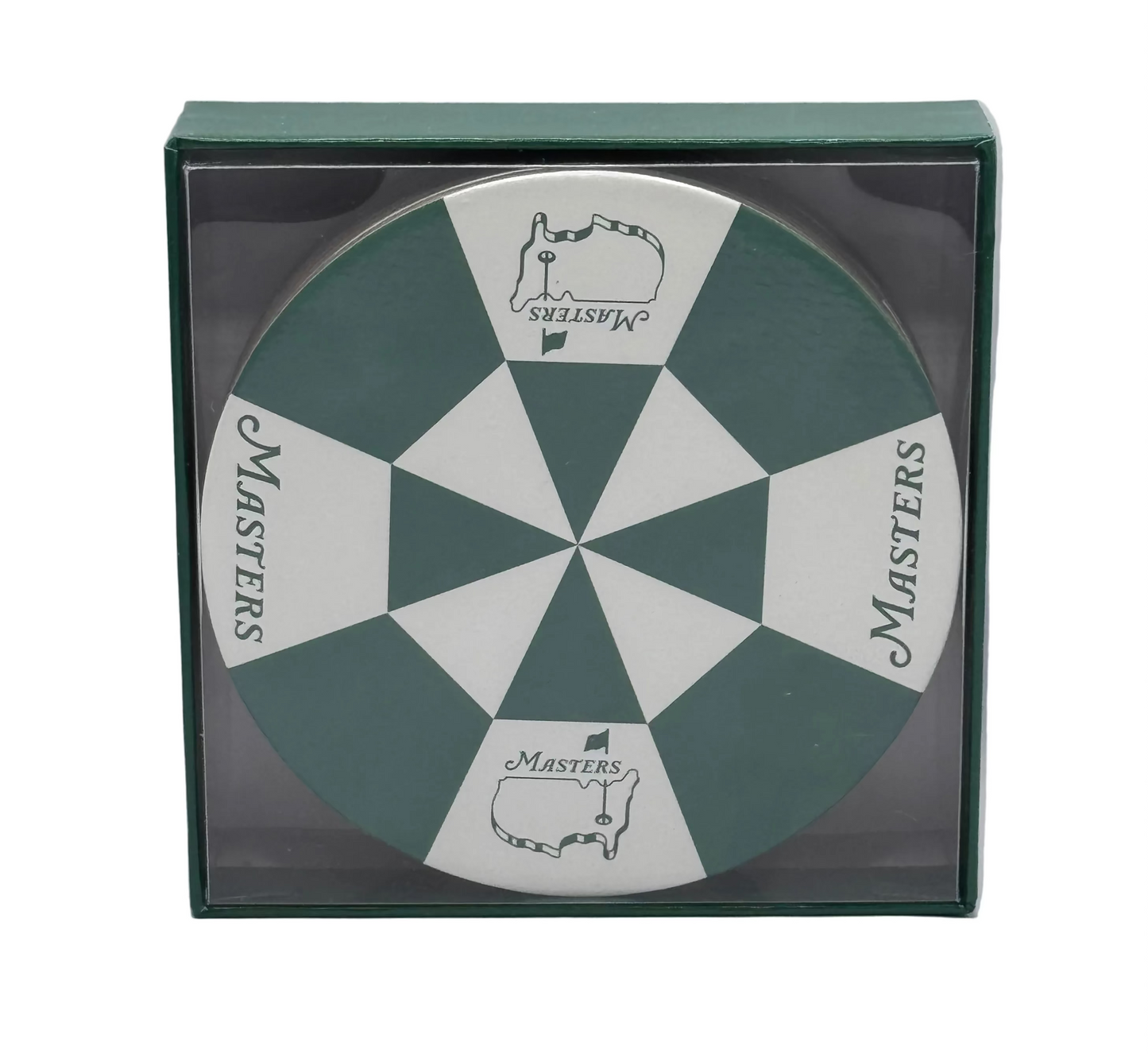 Masters logo on a green and white checkered disc in a box