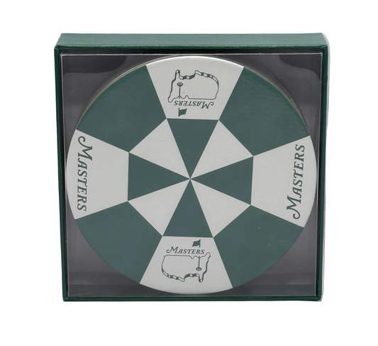 Masters logo on a green and white checkered disc in a box