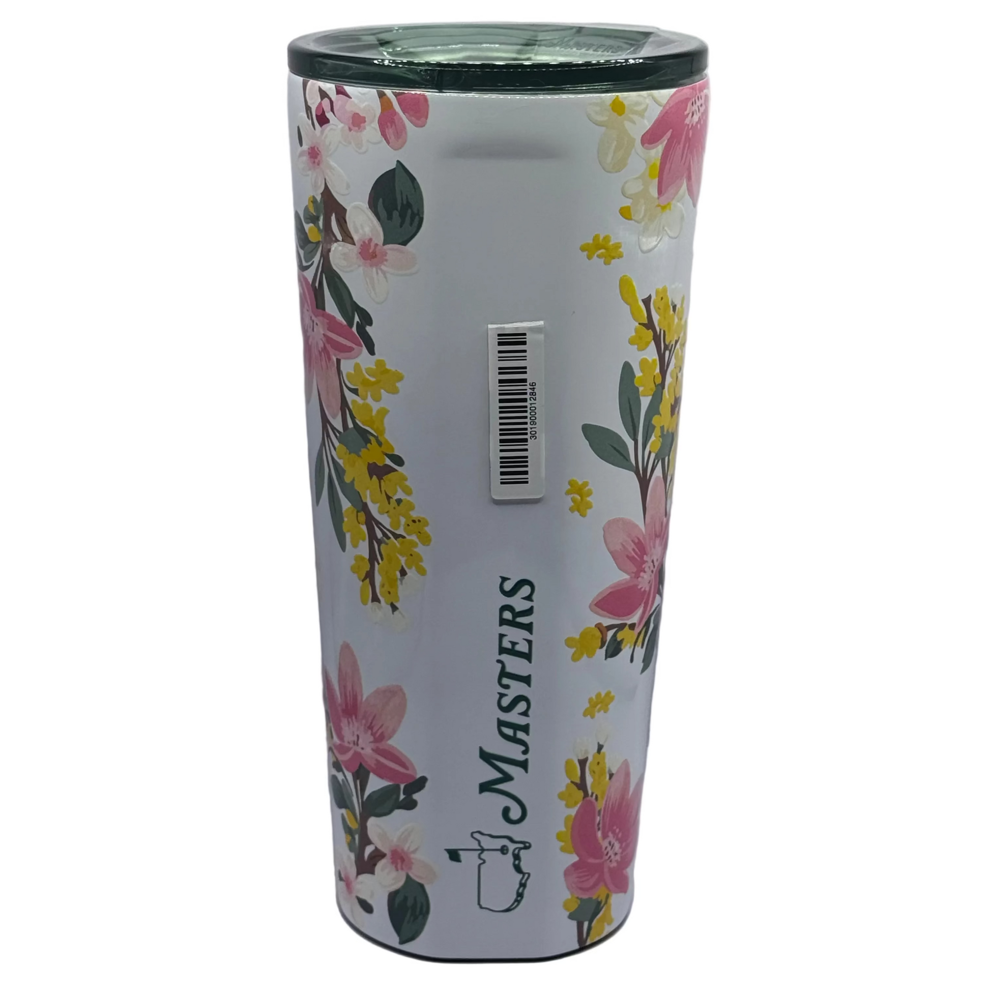 Floral-patterned tumbler with 'Masters' branding on a white background