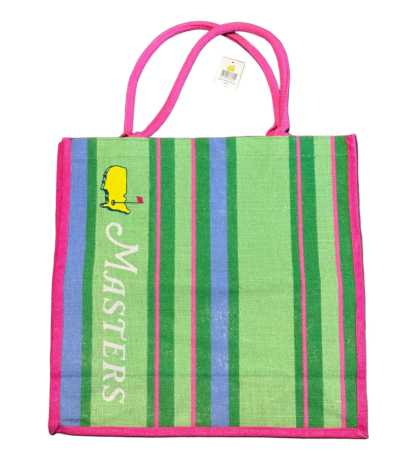 Masters Golf Tournament Pink & Green Stripe Large Jute Tote Burlap Beach Bag