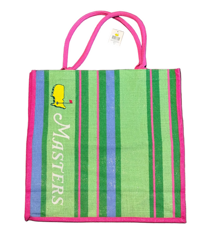 Masters Golf Tournament Pink & Green Stripe Large Jute Tote Burlap Beach Bag