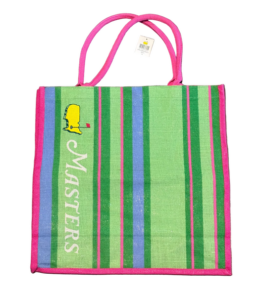 Masters Golf Tournament Pink & Green Stripe Large Jute Tote Burlap Beach Bag