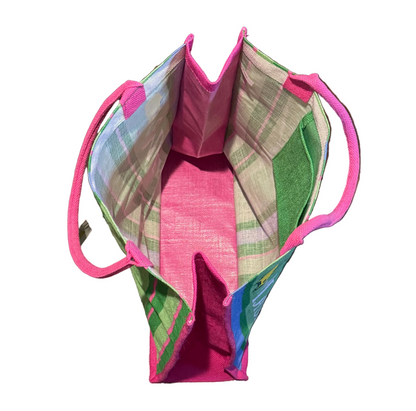 Masters Golf Tournament Pink & Green Stripe Large Jute Tote Burlap Beach Bag