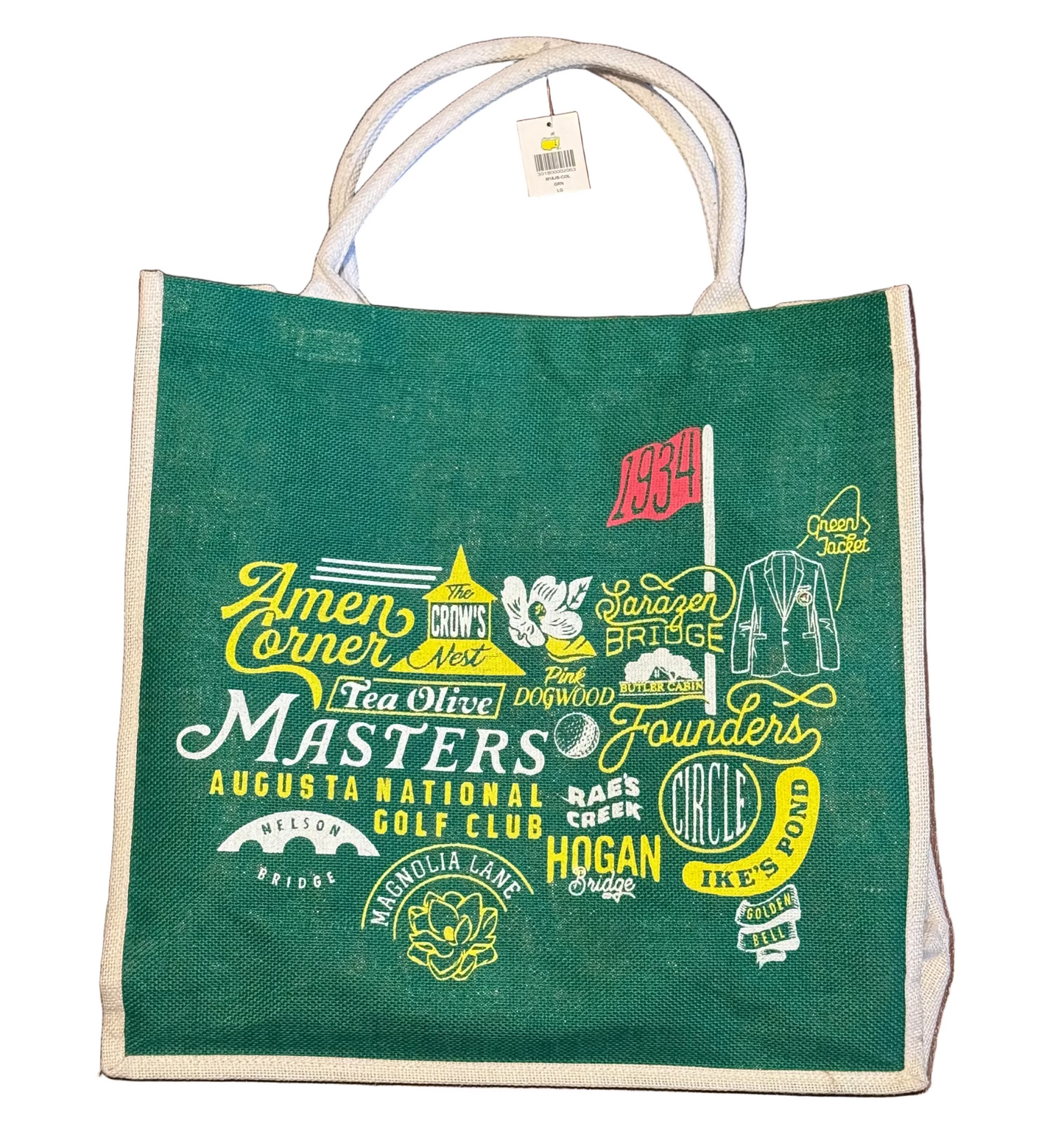 Masters Golf Tournament Amen Corner Green Large Jute Tote Burlap Beach Bag