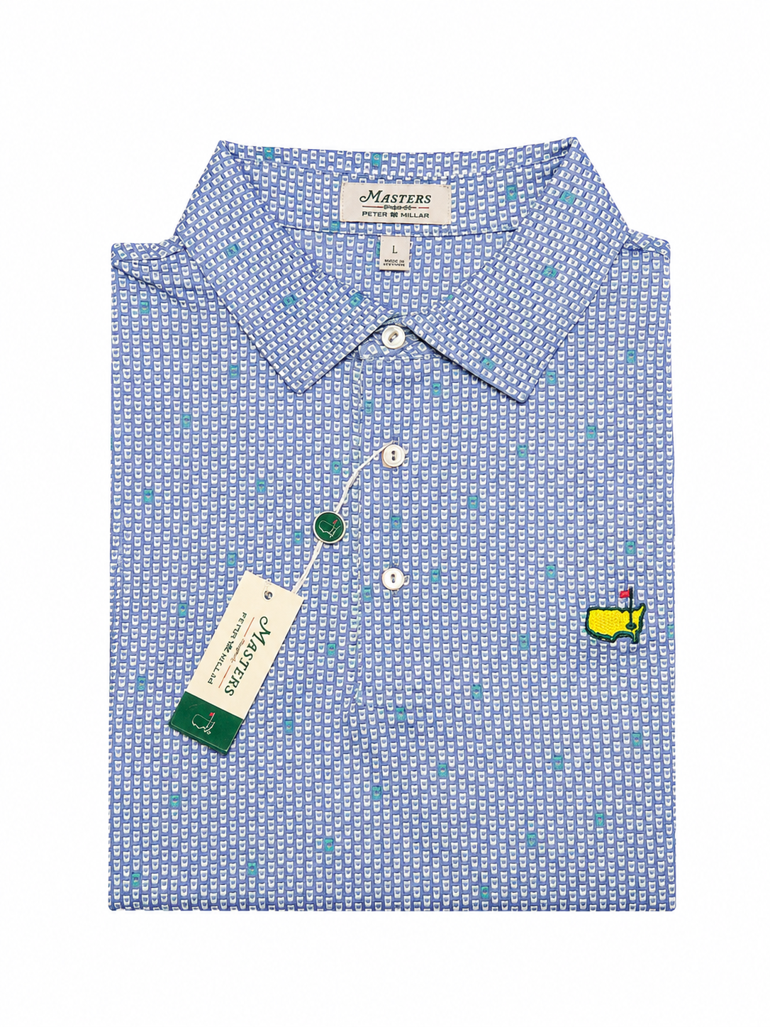 Masters Peter Millar Cups Pattern Blue Performance Golf Polo Shirt - Size Large