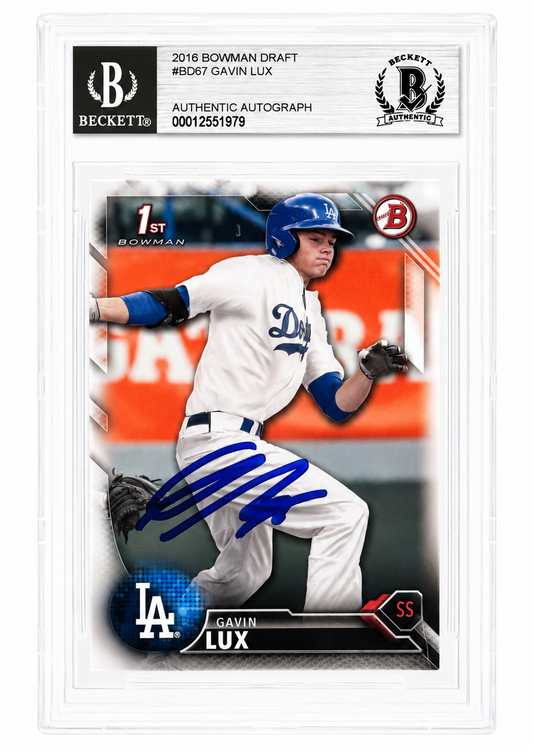 Gavin Lux Autographed Dodgers 2016 Bowman Draft Rookie Card Beckett BAS