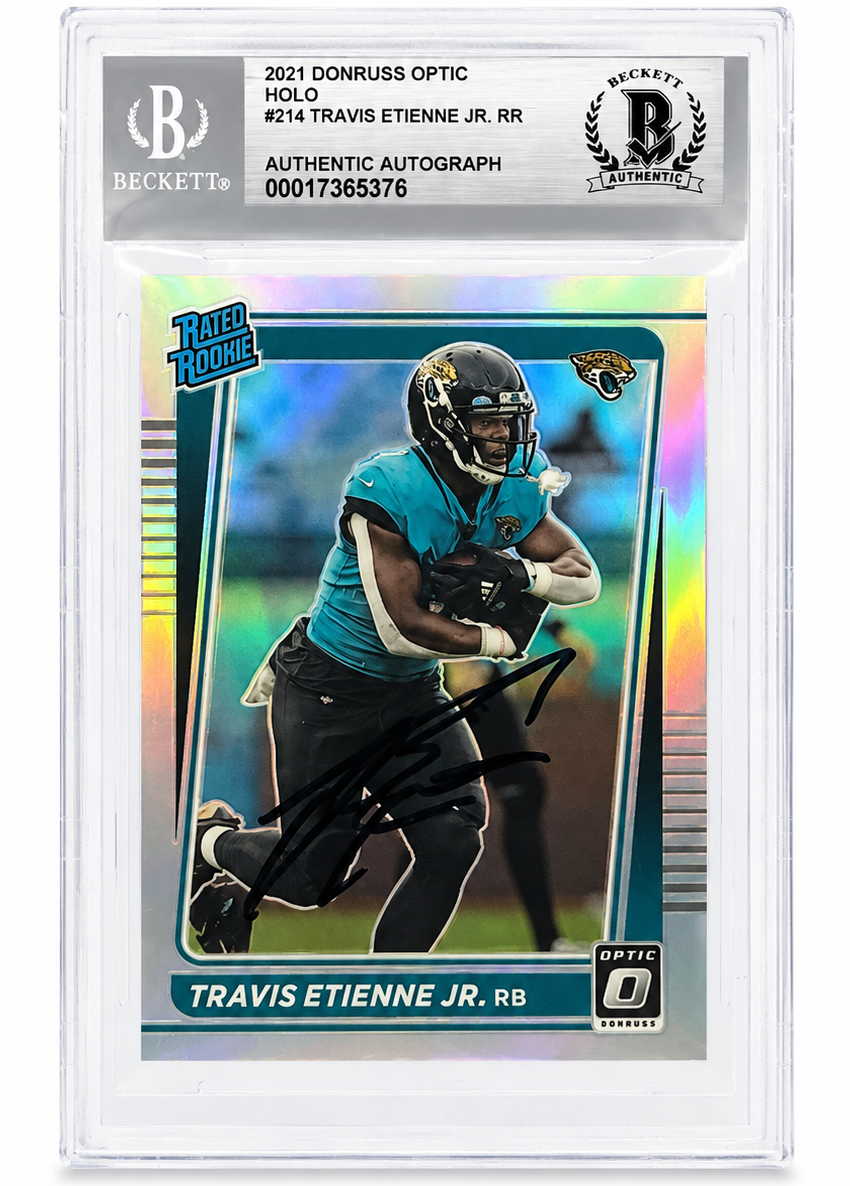 Travis Etienne Jr. Signed 2021 Donruss Optic Holo Rated Rookie Card Beckett BAS