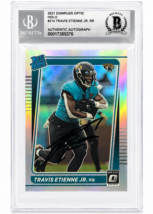 Travis Etienne Jr. Signed 2021 Donruss Optic Holo Rated Rookie Card Beckett BAS