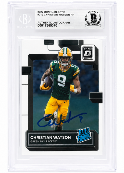Christian Watson Signed Packers 2022 Donruss Optic Rated Rookie Card Beckett BAS