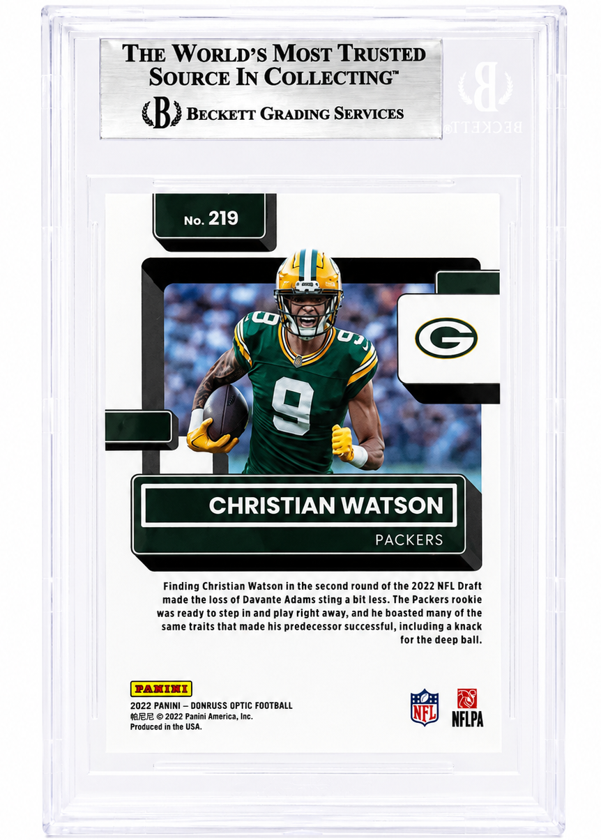 Christian Watson Signed Packers 2022 Donruss Optic Rated Rookie Card Beckett BAS