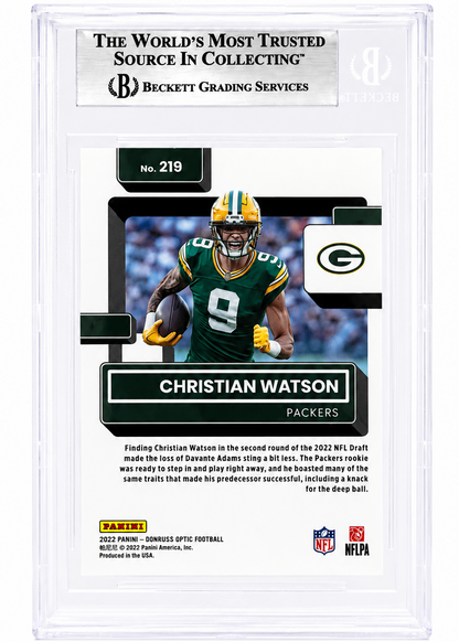 Christian Watson Signed Packers 2022 Donruss Optic Rated Rookie Card Beckett BAS