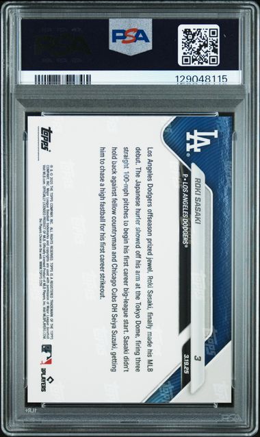 Roki Sasaki Dodgers 2025 Topps Now Tokyo Series Debut Rookie Card #3 PSA 10