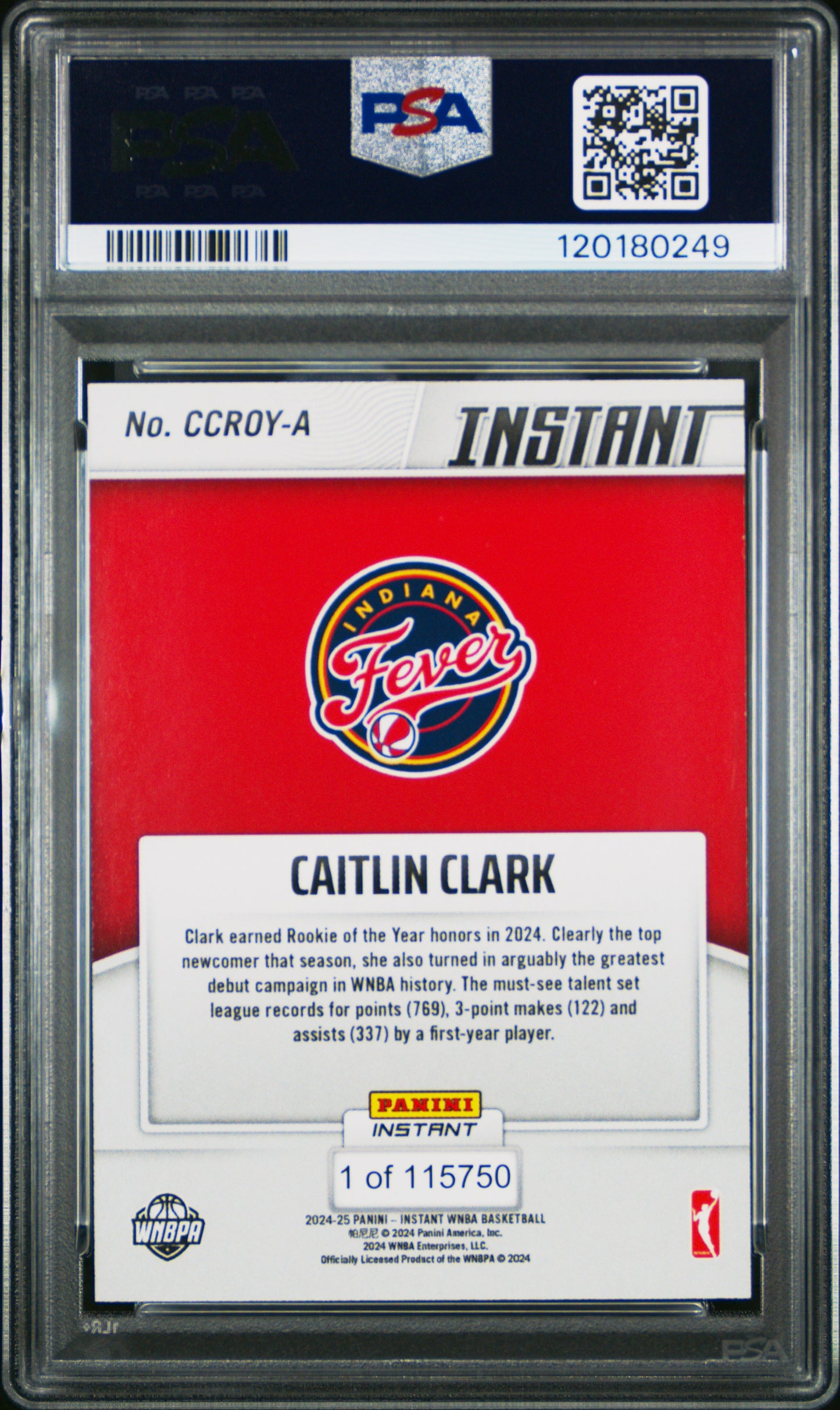 Caitlin Clark 2024 Panini Instant Indiana Fever Rookie of the Year Card PSA 8