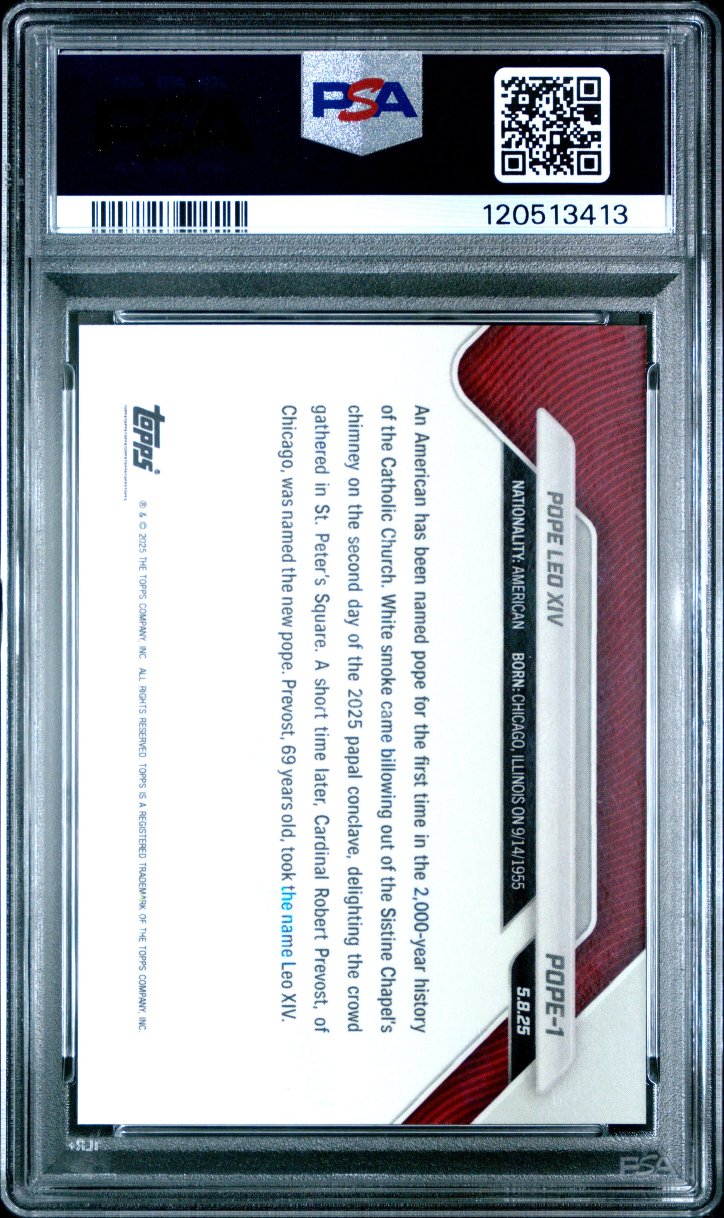 Pope Leo XIV 2025 Topps Now Trading Card #POPE-1 PSA 10 Gem Mint
