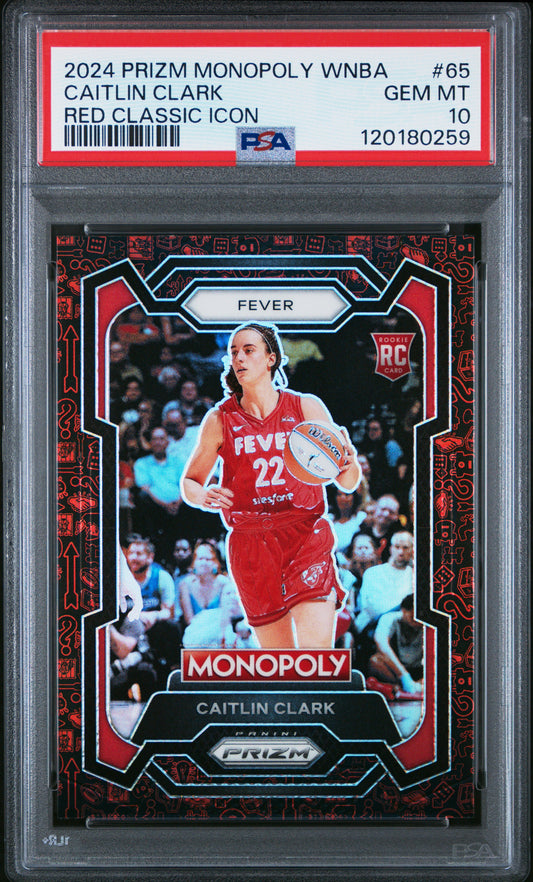 Caitlin Clark Fever 2024 Prizm Monopoly Red Classic Icon Rookie Card #65 PSA 10