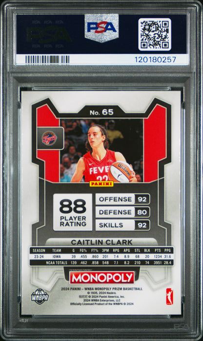 Caitlin Clark Fever 2024 Panini Prizm Monopoly WNBA Rookie Card #65 PSA 10