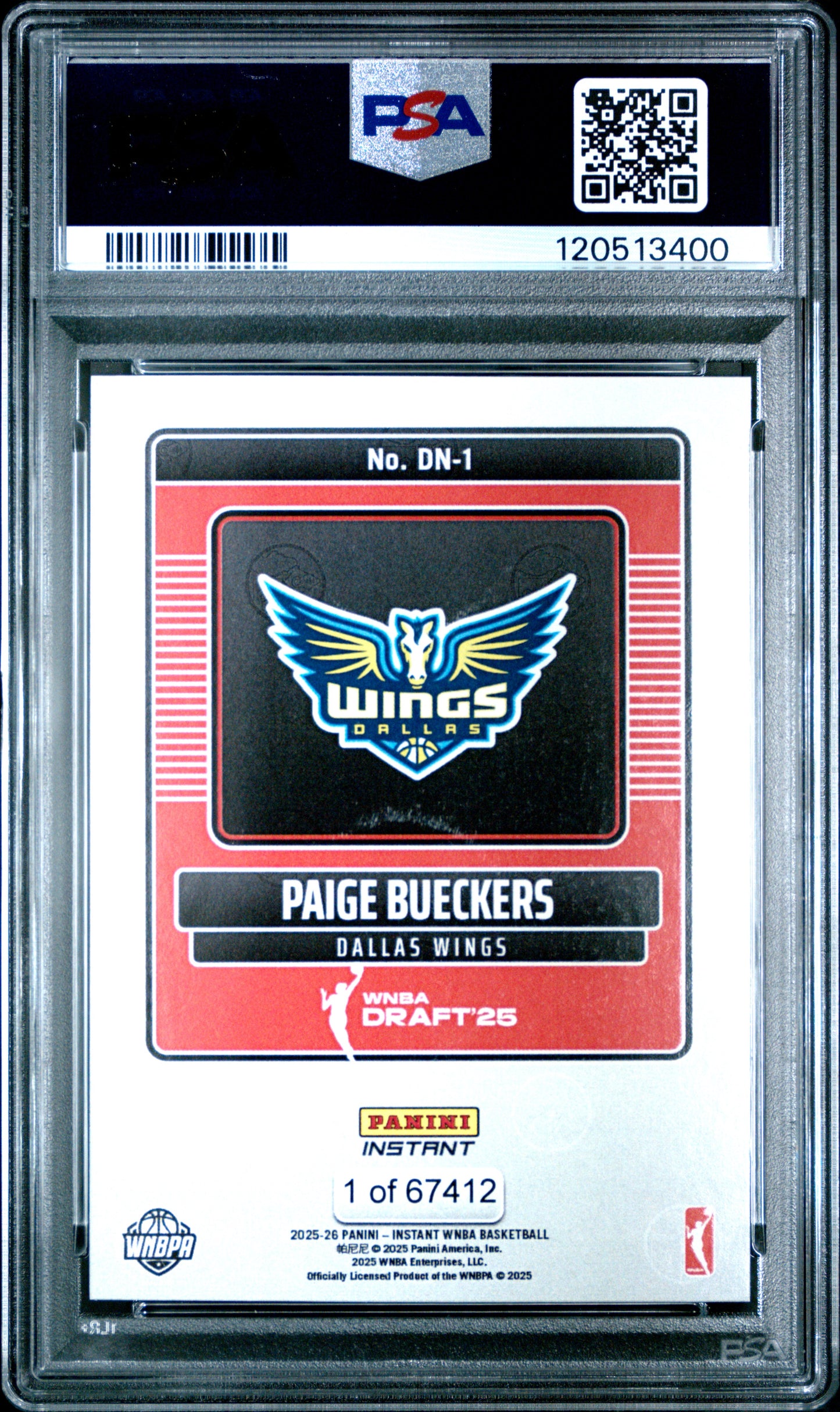 Paige Bueckers Wings 2025 Panini Instant Draft Night Rookie Card #DN-1 PSA 10